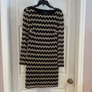 Nine West Black and Cream Chevron Long Sleeve Dress